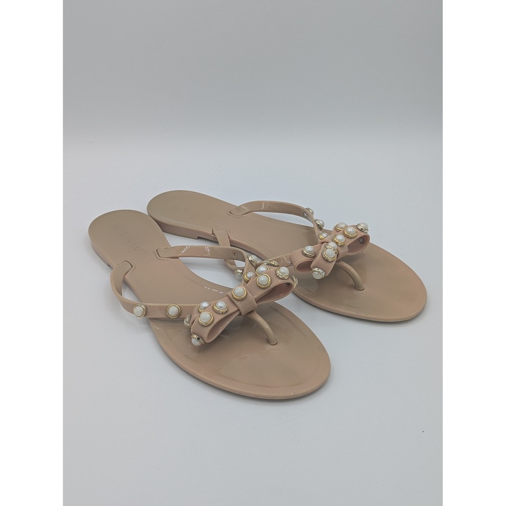LSW Jelly Flip Flops 10 Beige Pearl Bow Thong Sandals Summer Beachy Coquette‎